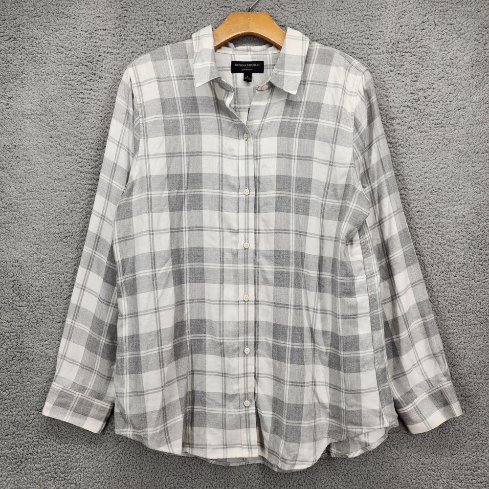 Banana Republic Grey White Plaid Boyfriend Fit Button Down Shirt Large L